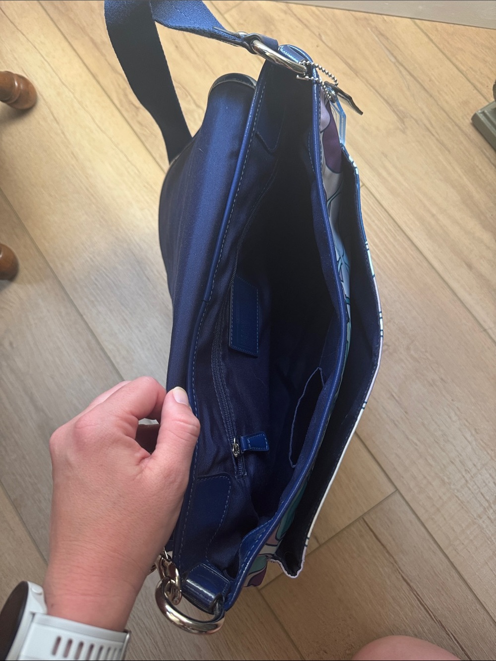 Patterned Crossbody Messenger Bag in Teal, Navy & Lavender - Picture 3 of 6